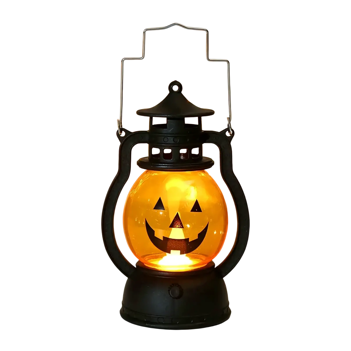 Black halloween led lantern with glowing orange pumpkin face design set of four for festive decoration