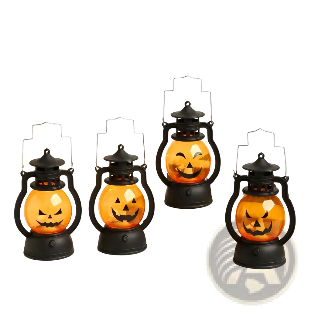 Set of four black metal halloween lanterns with orange glass bodies featuring carved jack-o-lantern faces