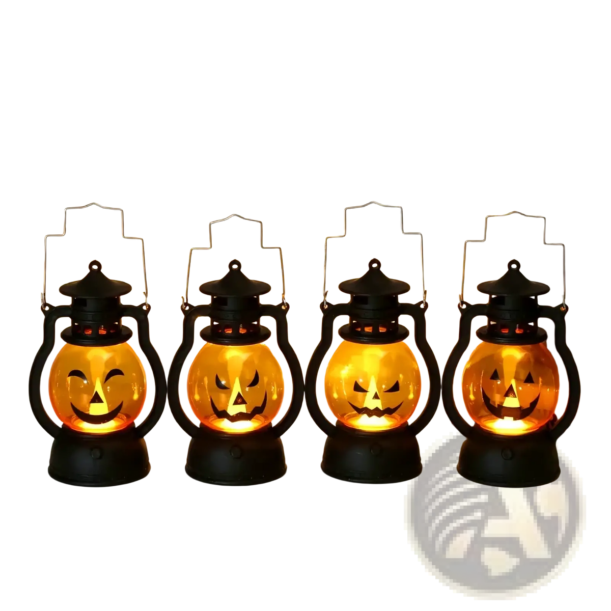 Four black halloween led lanterns with glowing orange pumpkin faces designed for festive decoration