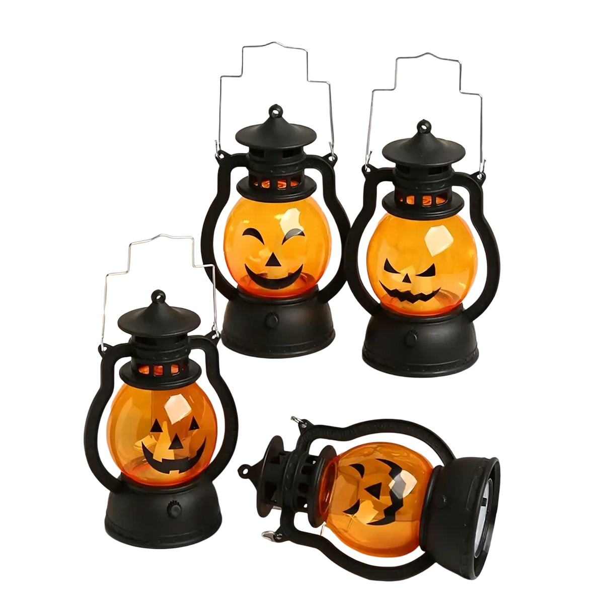 Set of four black led lanterns featuring orange pumpkin faces designed for halloween decoration use