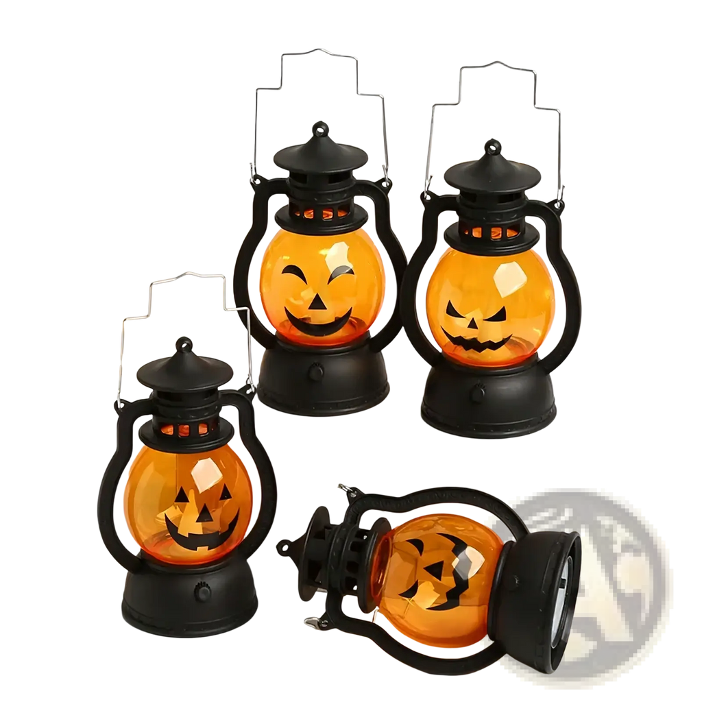Set of four black led lanterns featuring orange pumpkin faces designed for halloween decoration use