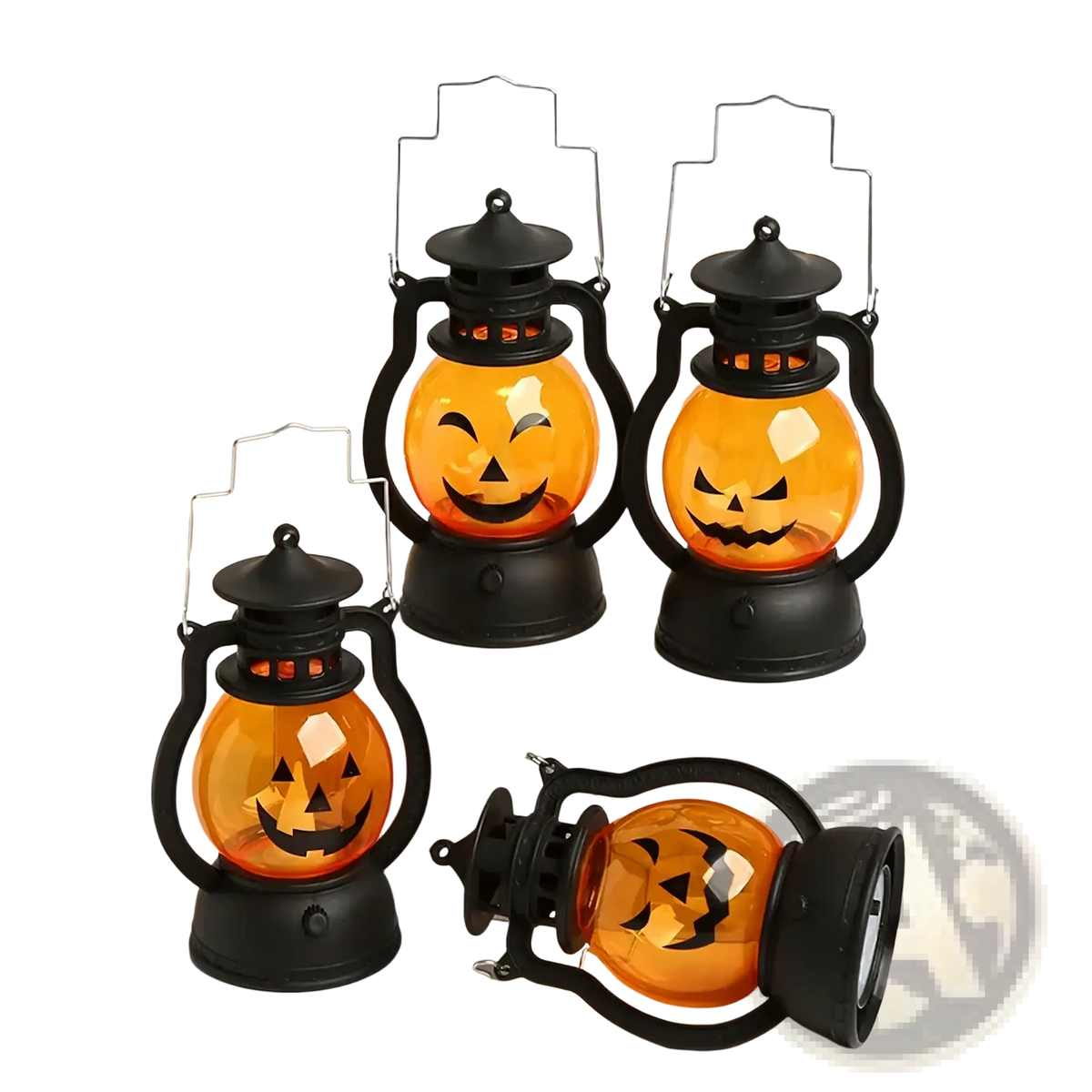 Set of four black led lanterns featuring orange pumpkin faces designed for halloween decoration use
