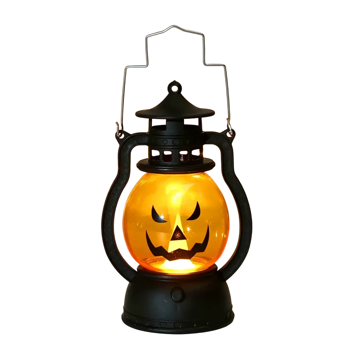 Black plastic halloween lantern with glowing orange pumpkin face design from halloween pumpkin led lanterns set of four