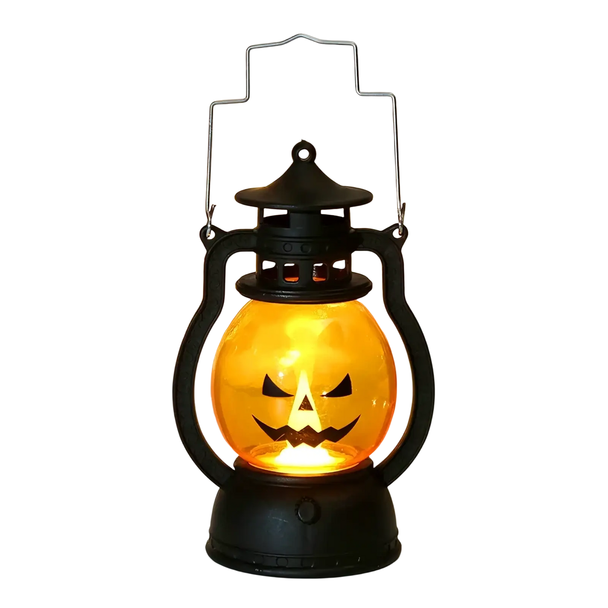 Black plastic halloween pumpkin led lantern with glowing orange glass globe and carved jack-o-lantern face set of four