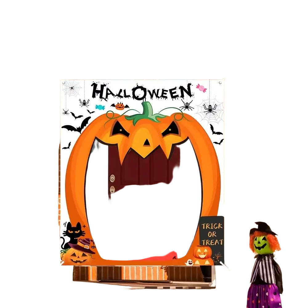 Orange pumpkin-shaped halloween photo backdrop banner with black bats spiders and bold halloween letters above red door