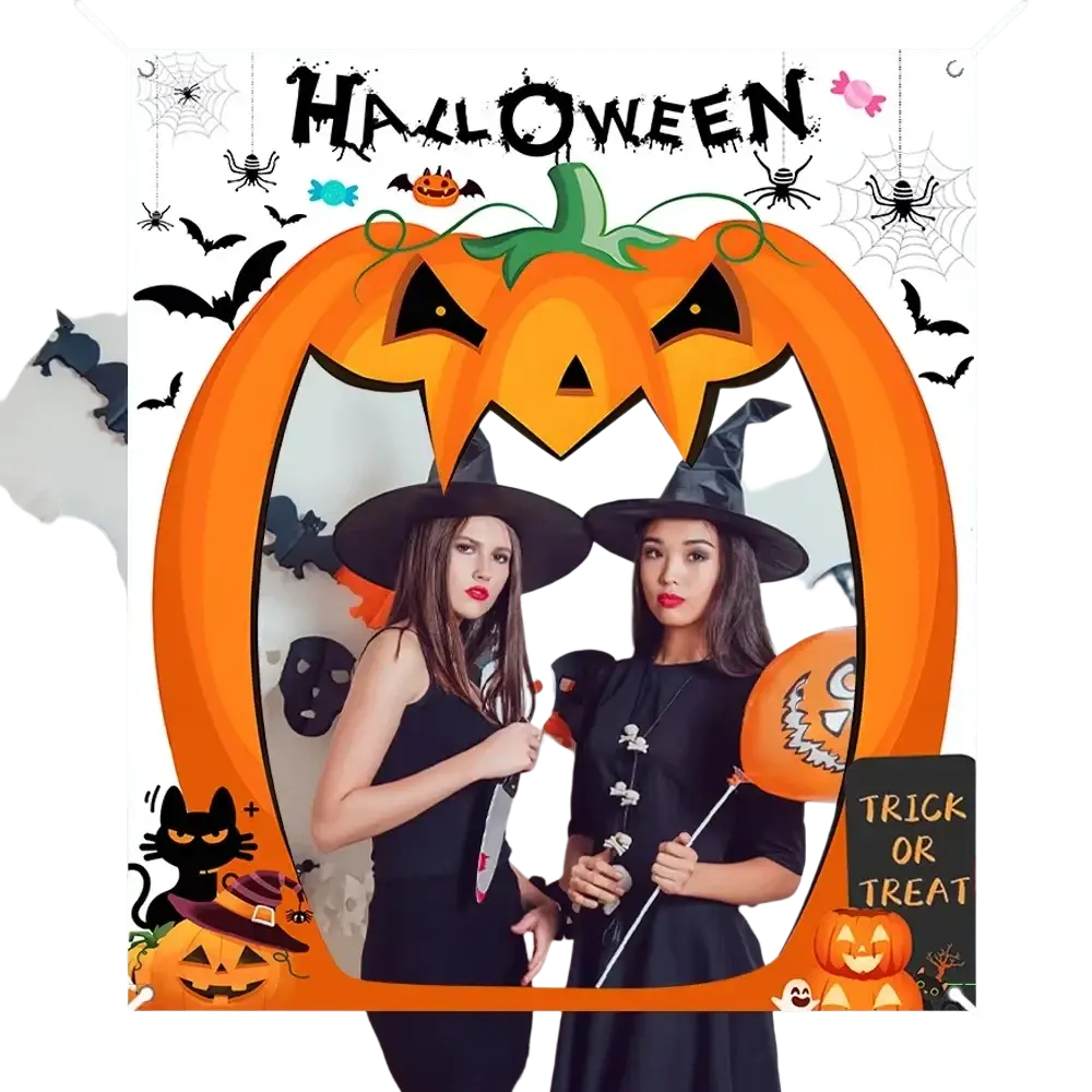 Orange pumpkin-shaped halloween photo backdrop banner with black witch hats and spooky decorations for festive decor