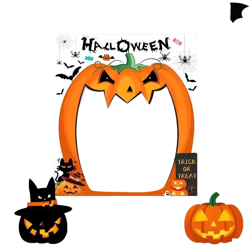 Orange pumpkin-shaped halloween photo backdrop banner with black bats spiders and trick or treat sign for festive decor