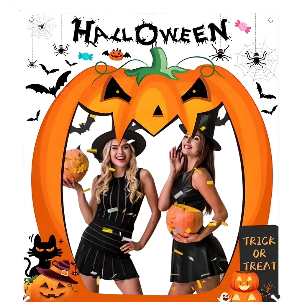 Orange pumpkin-shaped halloween photo backdrop banner with black spiderweb and bat decorations and a halloween banner