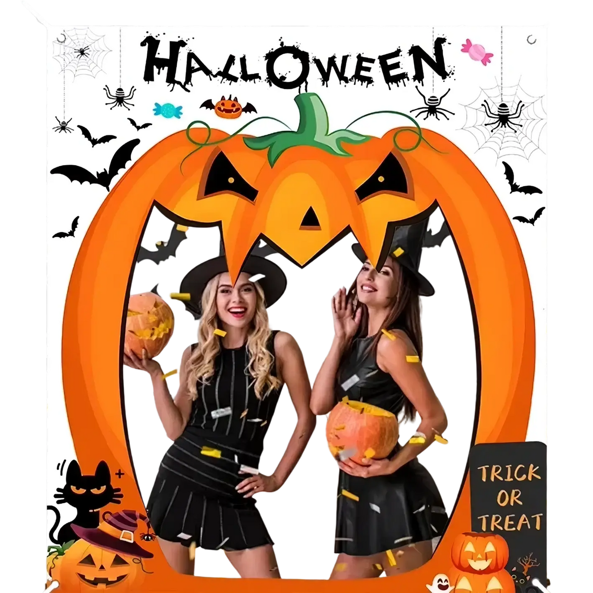 Orange pumpkin-shaped halloween photo backdrop banner with black spiderweb and bat decorations and a halloween banner