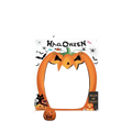 Orange pumpkin-shaped halloween photo backdrop banner with black spiders and bats printed for festive decoration