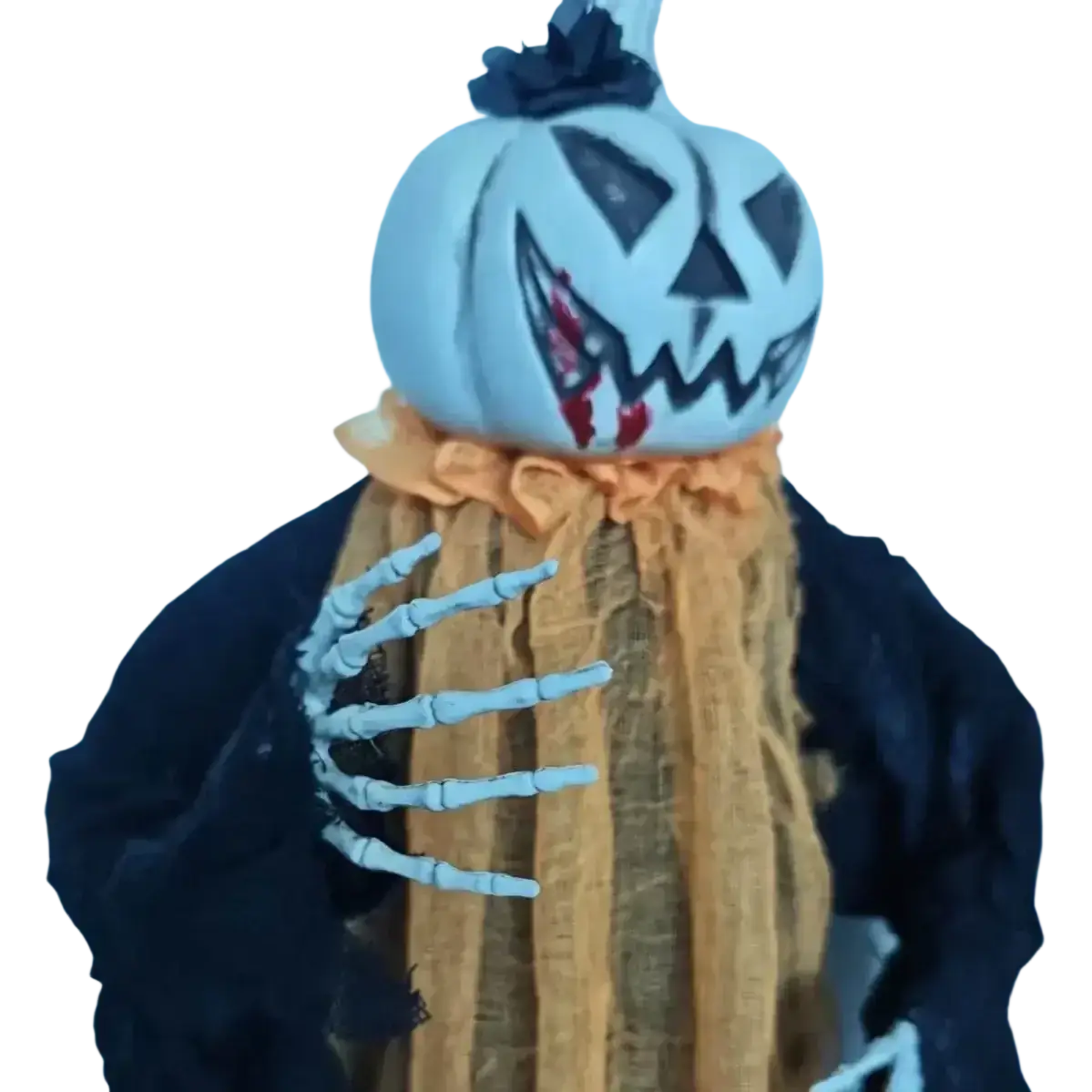 A light blue pumpkin scarecrow hanging decoration with stitched mouth dark eyes black robe over burlap fabric
