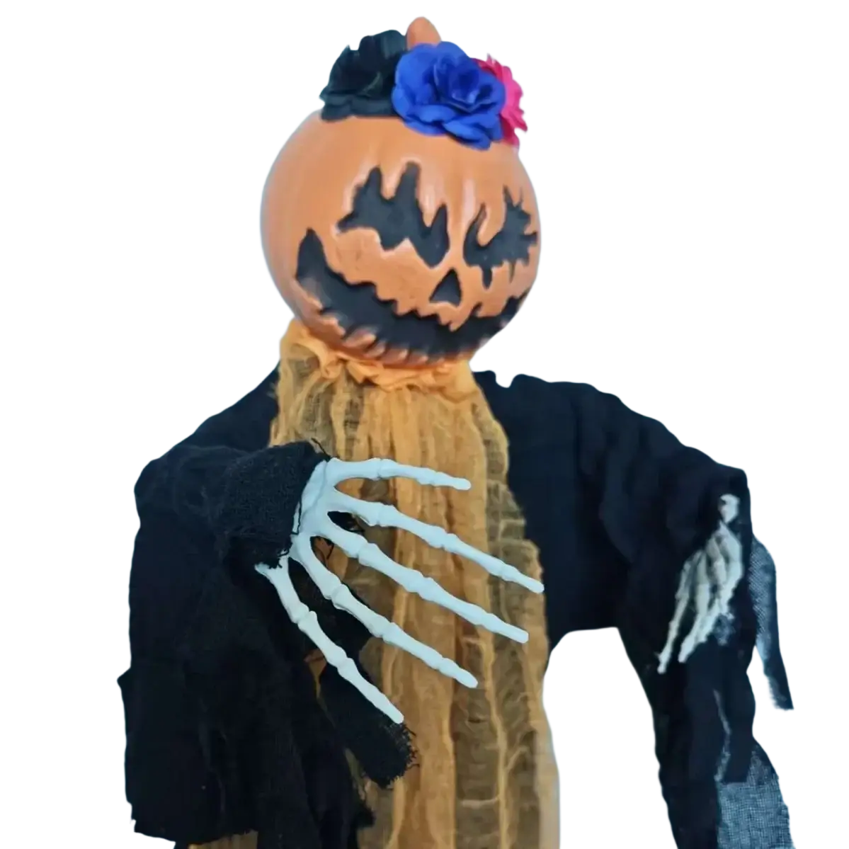 Halloween pumpkin scarecrow hanging decoration with orange pumpkin head black face blue and pink fabric flowers black robe