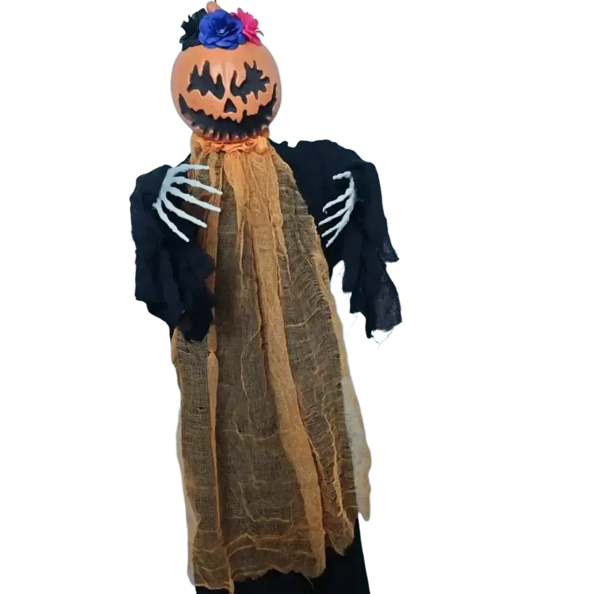 Orange pumpkin scarecrow hanging decoration with black face, blue and pink flowers, and tattered brown mesh scarf