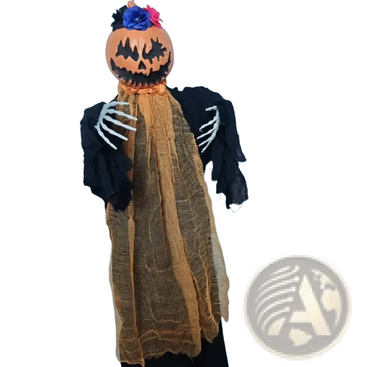 Orange pumpkin-headed halloween scarecrow hanging decoration with black fabric arms and tattered orange mesh robe adorned with flowers