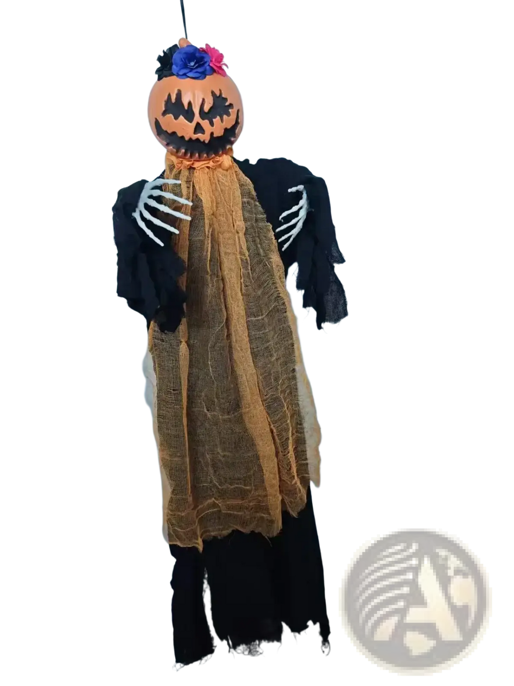 Halloween pumpkin scarecrow hanging decoration with orange pumpkin head black fabric arms and tattered orange mesh scarf