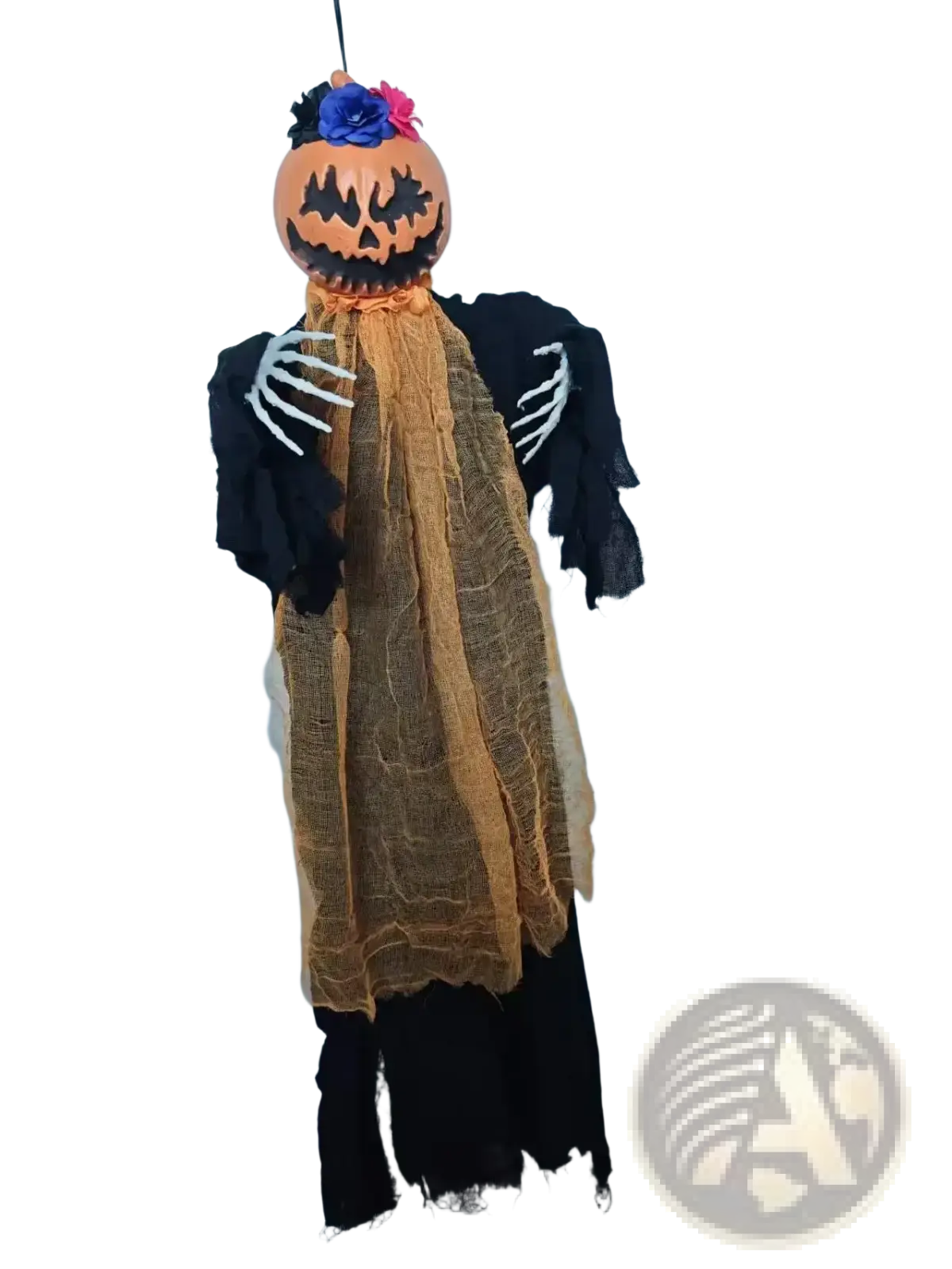 Halloween pumpkin scarecrow hanging decoration with orange pumpkin head black fabric arms and tattered orange mesh scarf