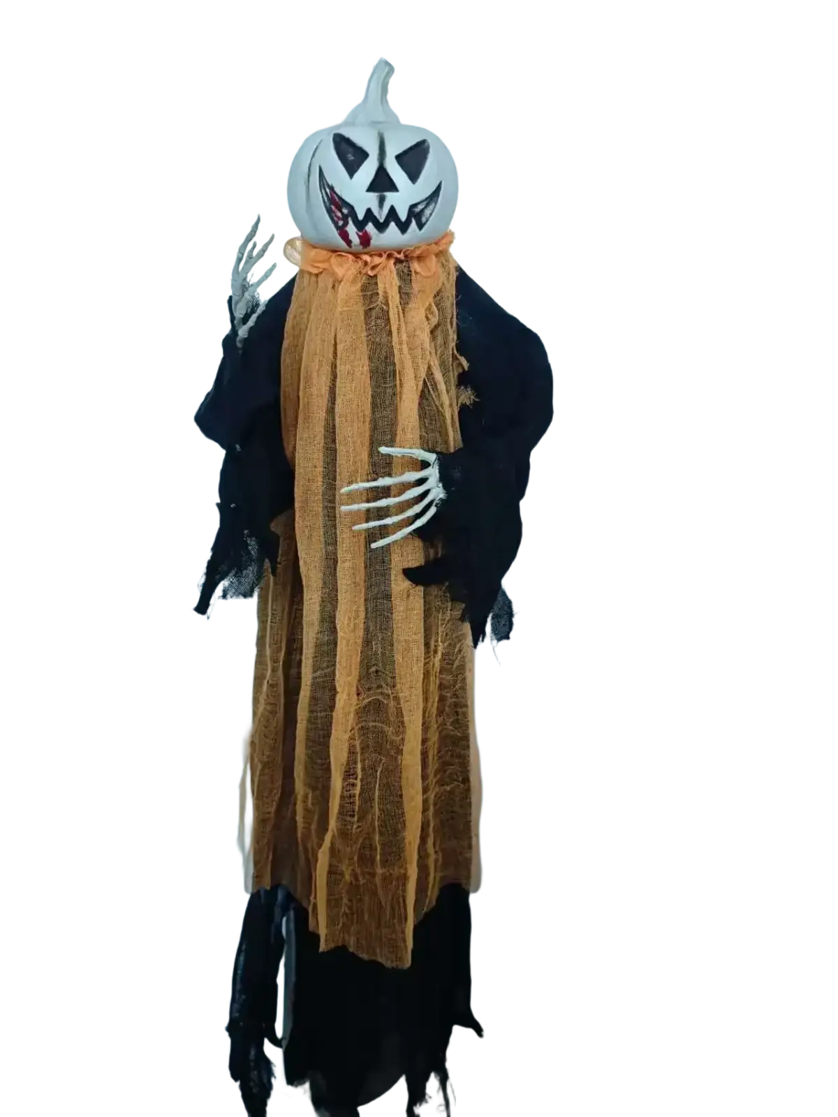 Halloween pumpkin scarecrow hanging decoration with white pumpkin head black facial features orange mesh and black robe
