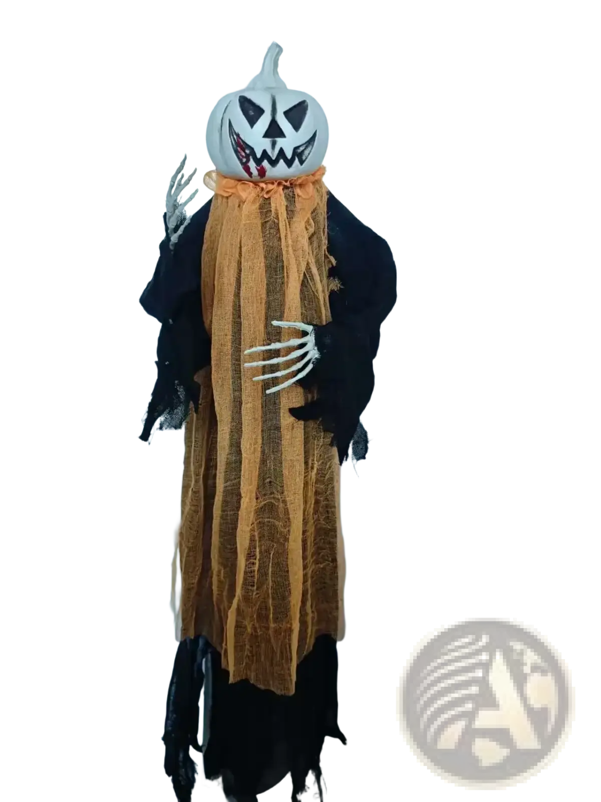 Halloween pumpkin scarecrow hanging decoration with white pumpkin head black facial features orange mesh and black robe