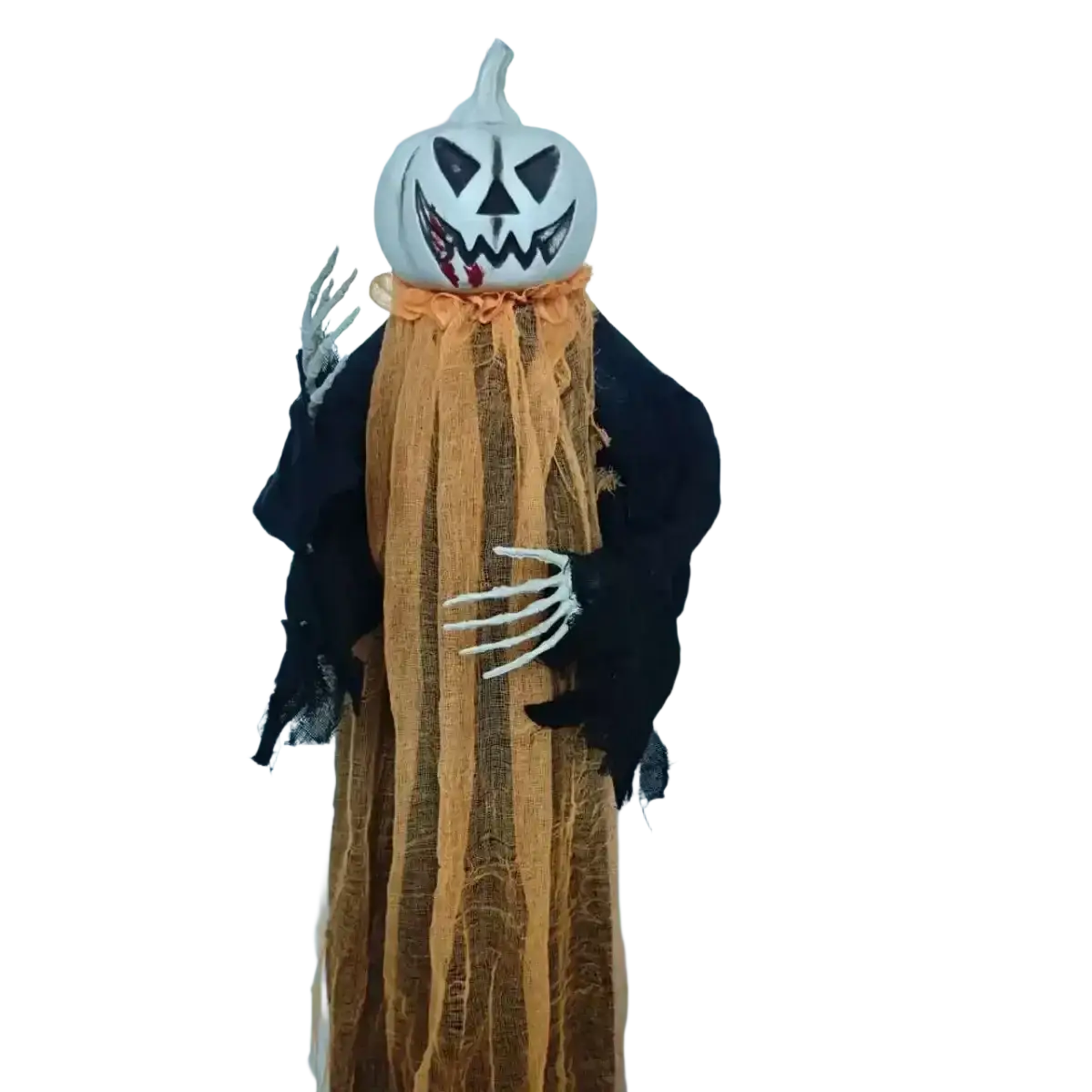 Halloween pumpkin scarecrow hanging decoration with white pumpkin head, black tattered robe, and orange lace fabric draped