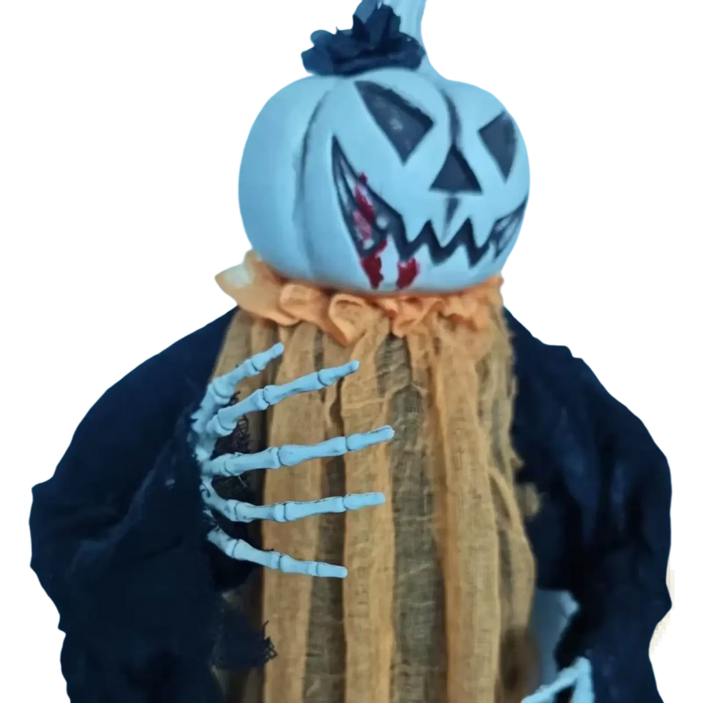 White pumpkin-headed Halloween pumpkin scarecrow hanging decoration with black eyes and orange ruffled collar over dark fabric body