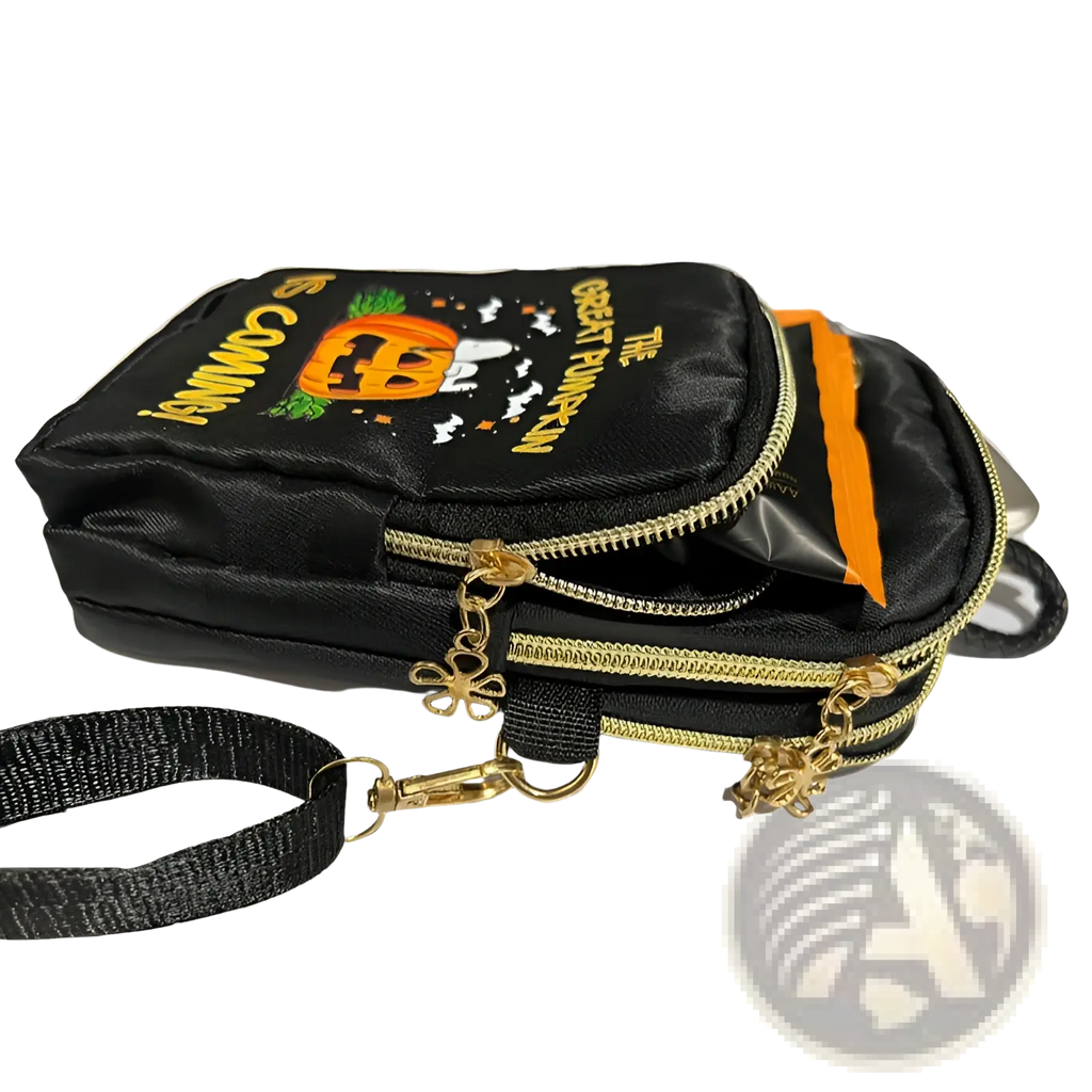 Black halloween-themed crossbody phone bag with gold zippers and embroidered Snoopy pumpkin design with black strap