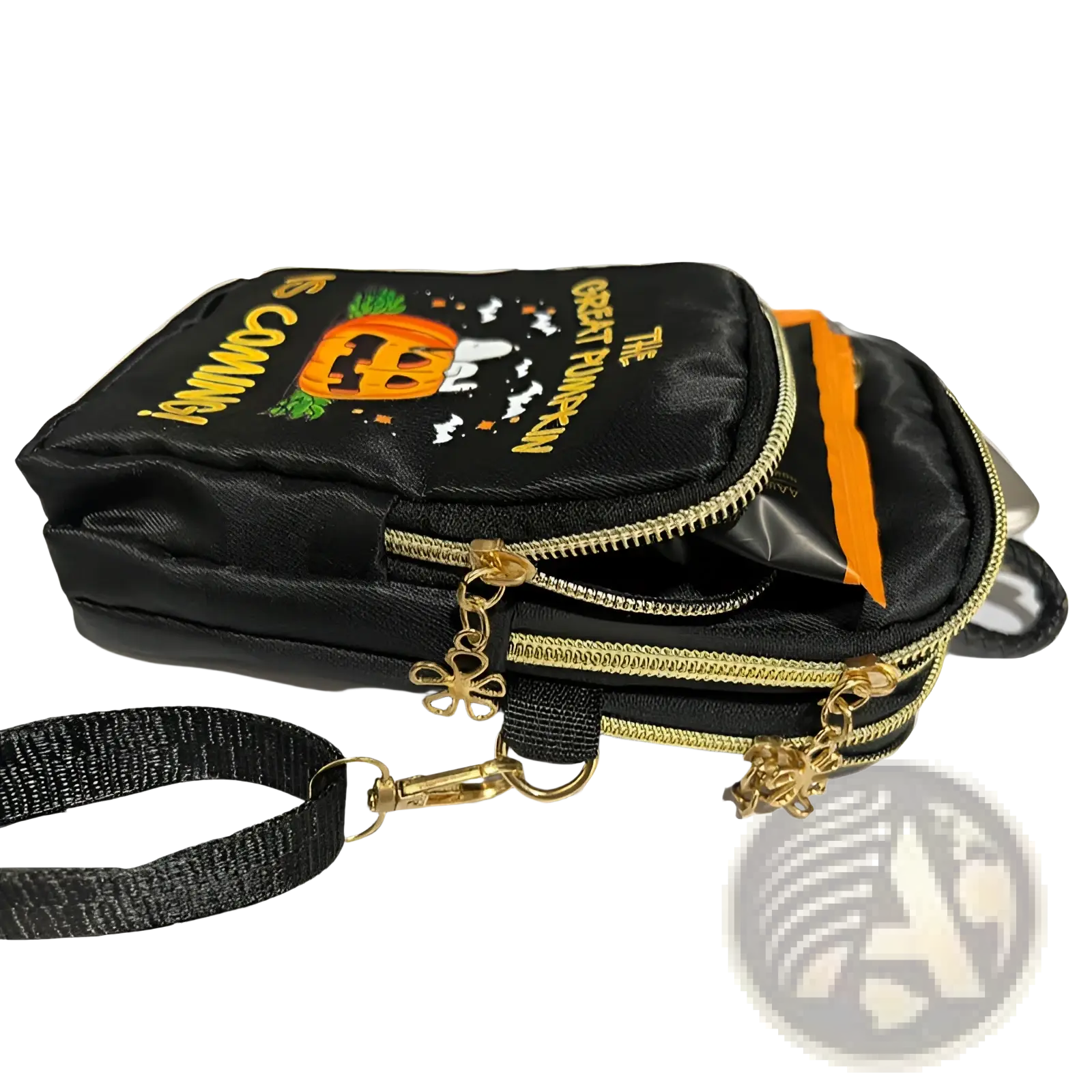 Black halloween-themed crossbody phone bag with gold zippers and embroidered Snoopy pumpkin design with black strap