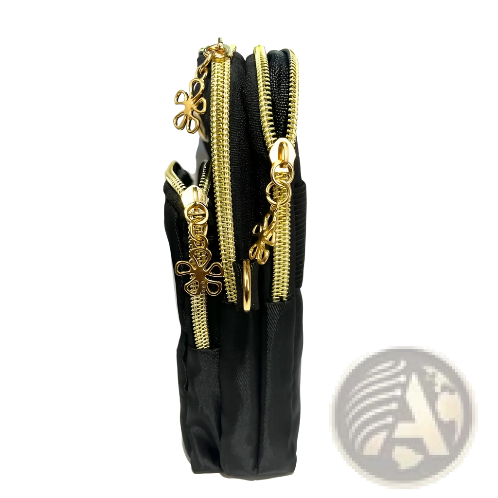 Black fabric halloween pumpkin snoopy embroidered crossbody phone bag with three gold zippers and flower charms