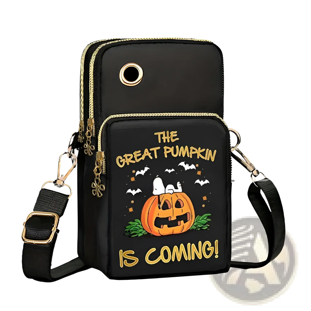 Black halloween-themed crossbody phone bag with embroidered snoopy pumpkin design and gold zipper accents and trim