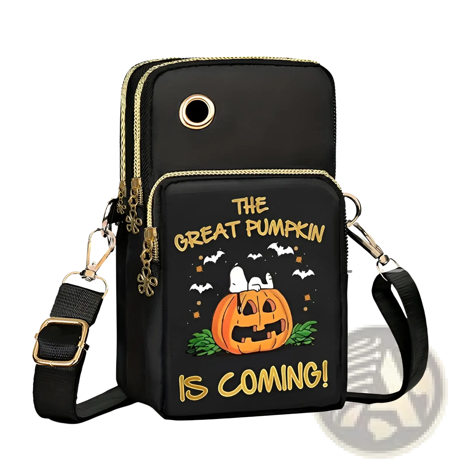 Black halloween-themed crossbody phone bag with embroidered snoopy pumpkin design and gold zipper accents and trim