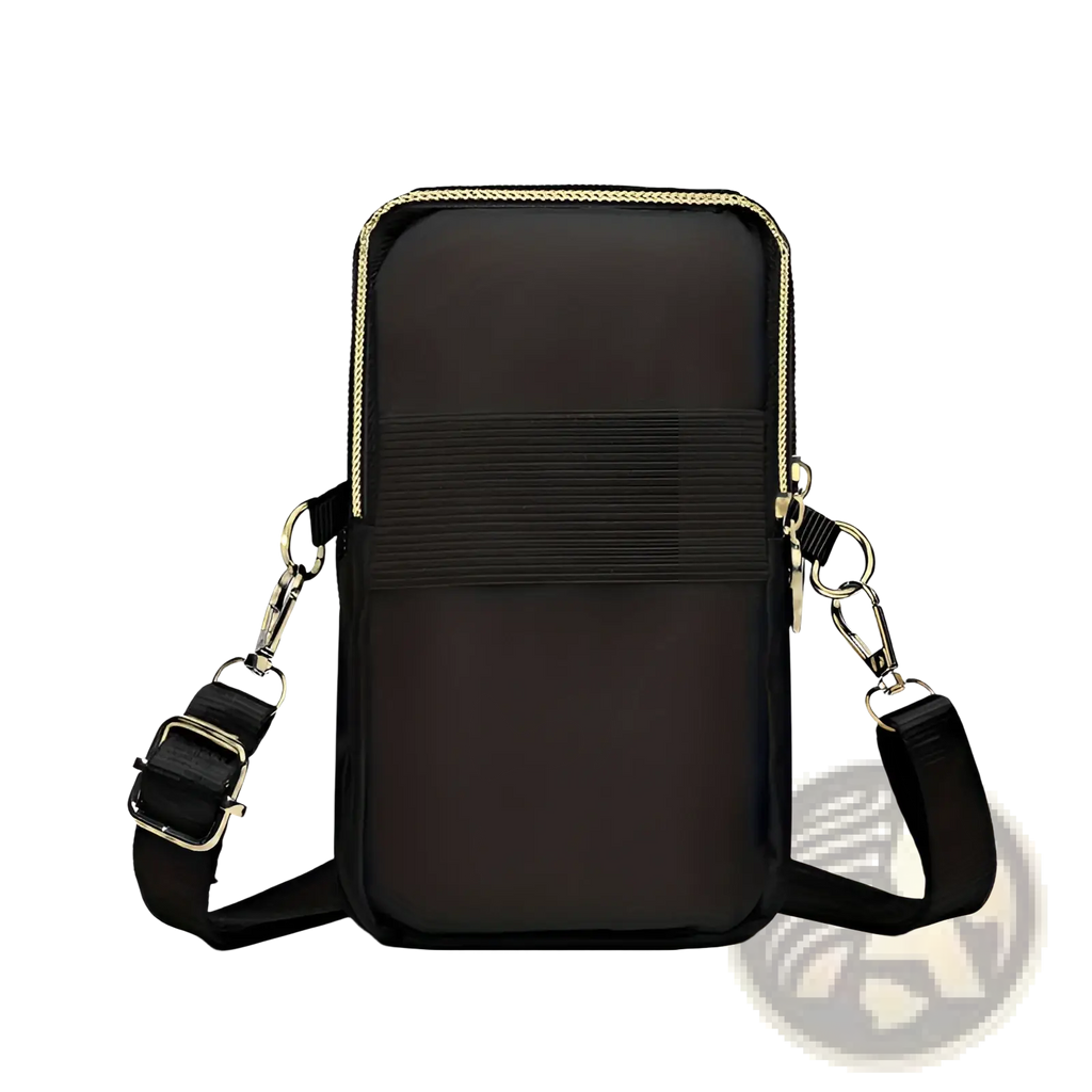 Black nylon crossbody phone bag with gold-tone zipper and adjustable strap featuring halloween pumpkin snoopy embroidery