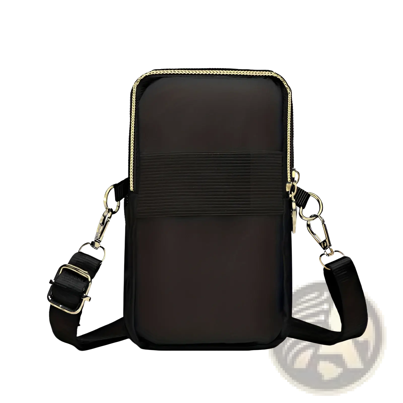 Black nylon crossbody phone bag with gold-tone zipper and adjustable strap featuring halloween pumpkin snoopy embroidery