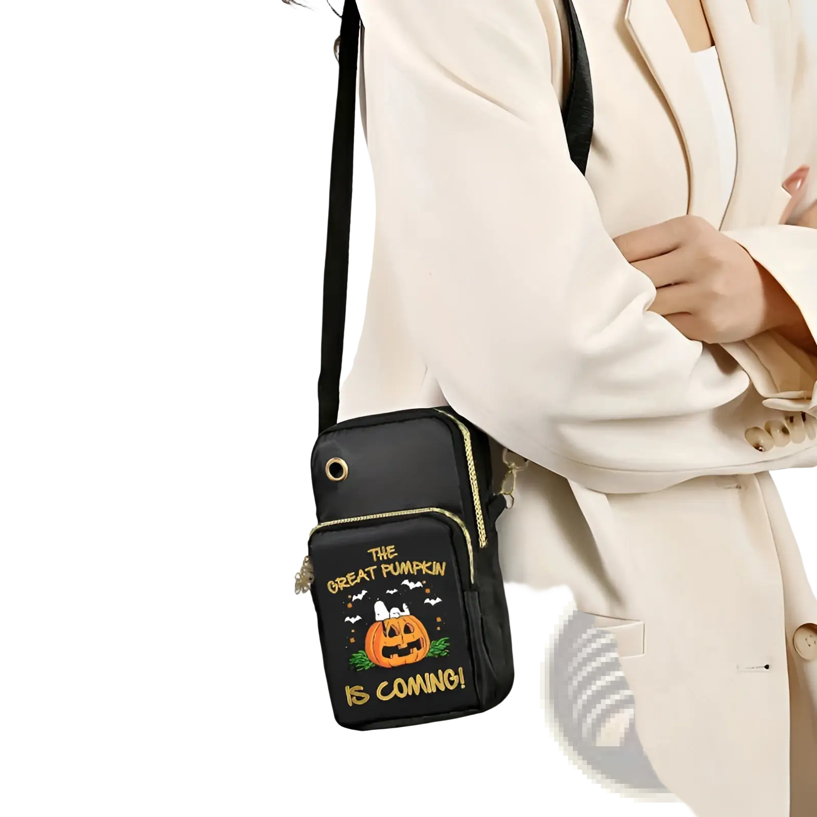 Black halloween-themed crossbody phone bag with embroidered pumpkin and text featuring gold zipper accents