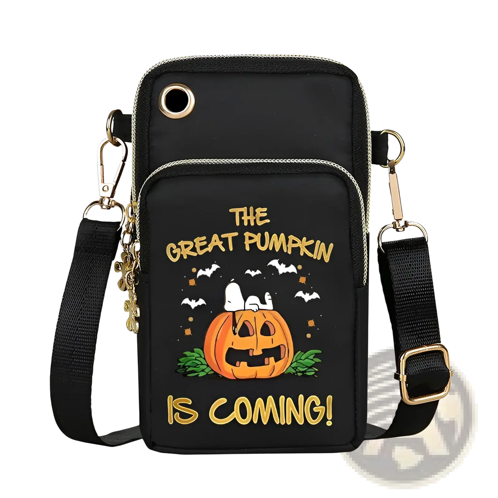Black halloween-themed crossbody phone bag with embroidered snoopy pumpkin and gold foil lettering metallic hardware accents