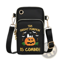 Black halloween-themed crossbody phone bag with embroidered snoopy pumpkin and gold foil lettering metallic hardware accents