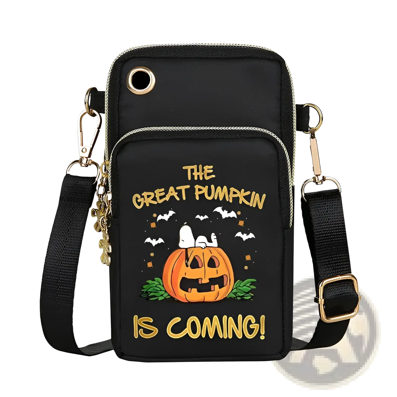 Black halloween-themed crossbody phone bag with embroidered snoopy pumpkin and gold foil lettering metallic hardware accents