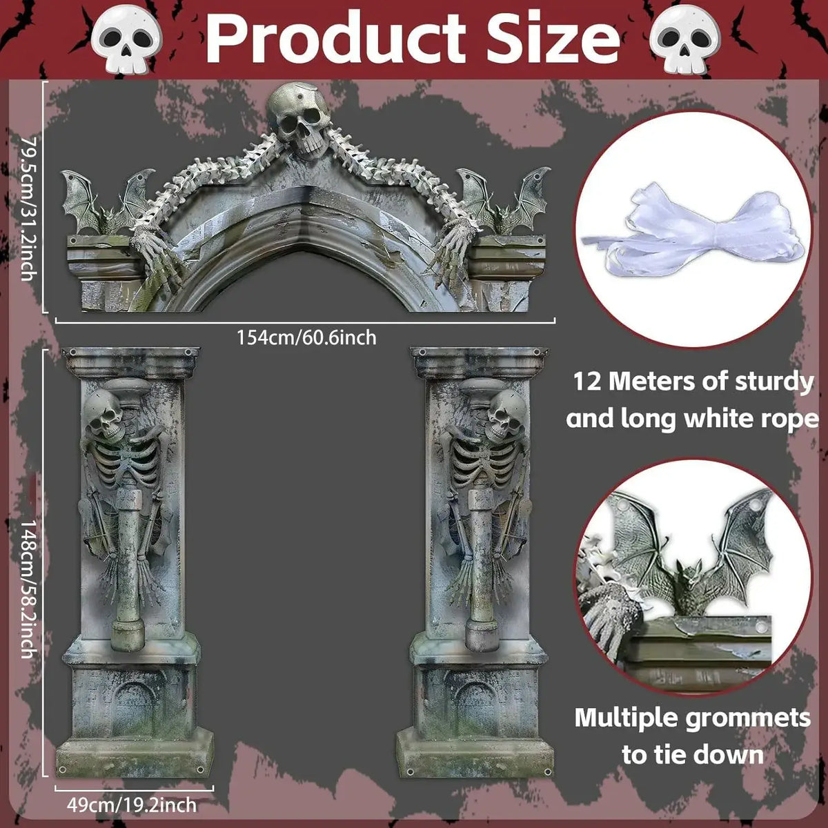 Gothic-style halloween skeleton archway banner decoration in weathered gray stone texture with skulls and skeletal figures