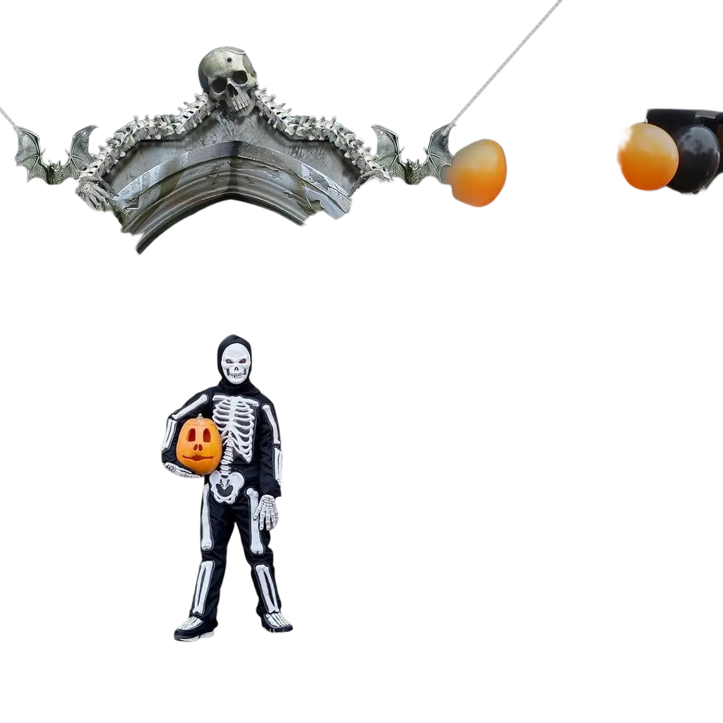 A child in a black and white skeleton costume stands under a gray stone halloween skeleton archway banner backdrop