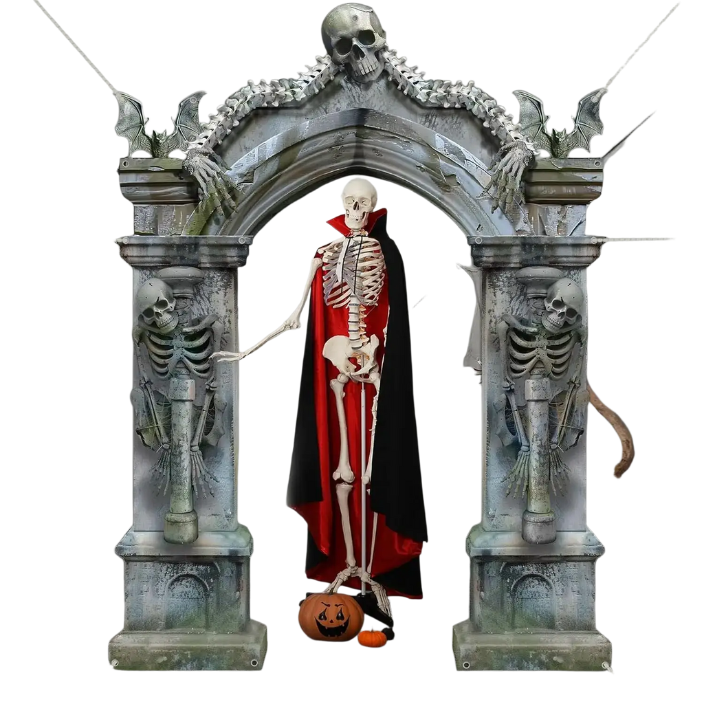 Halloween skeleton archway banner backdrop featuring a gothic skeleton vampire in red cape with skull and bat pillars