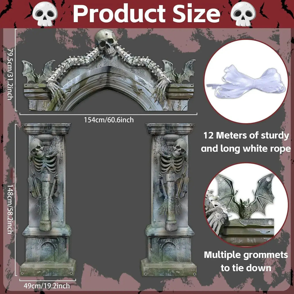 Halloween skeleton archway banner photo booth backdrop with gothic gray stone texture and skull and skeletal figure decorations