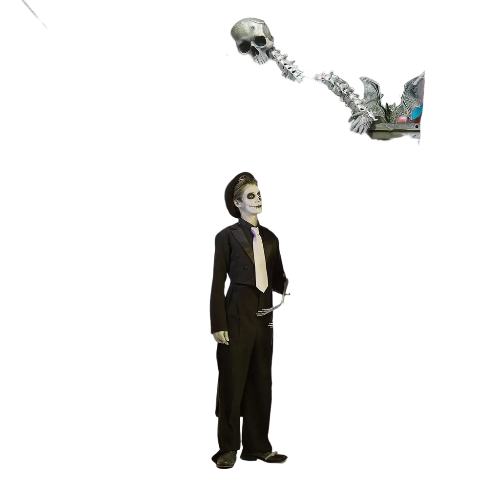 Gray stone halloween skeleton archway banner photo booth backdrop adorned with skeletal hands skulls and bats