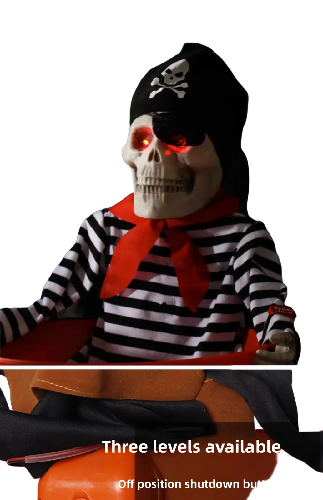 Halloween skeleton candy bowl and pirate prop decoration with glowing red eyes black hat and striped shirt