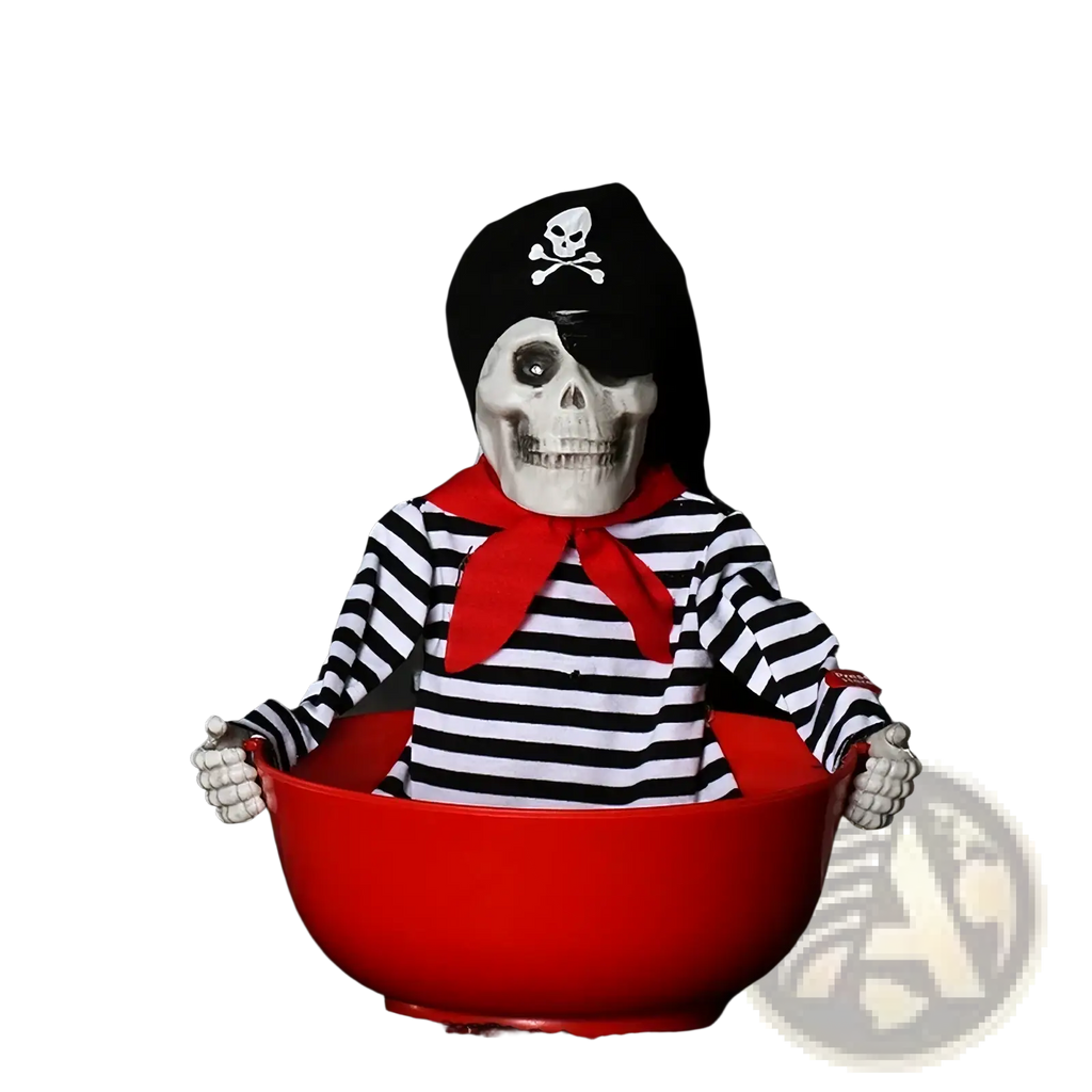 Halloween skeleton candy bowl featuring a pirate skeleton in a black and white striped shirt with red scarf and black hat