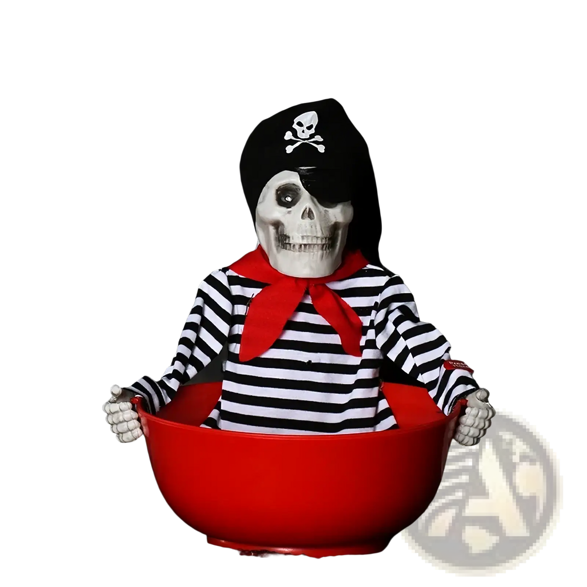 Halloween skeleton candy bowl featuring a pirate skeleton in a black and white striped shirt with red scarf and black hat
