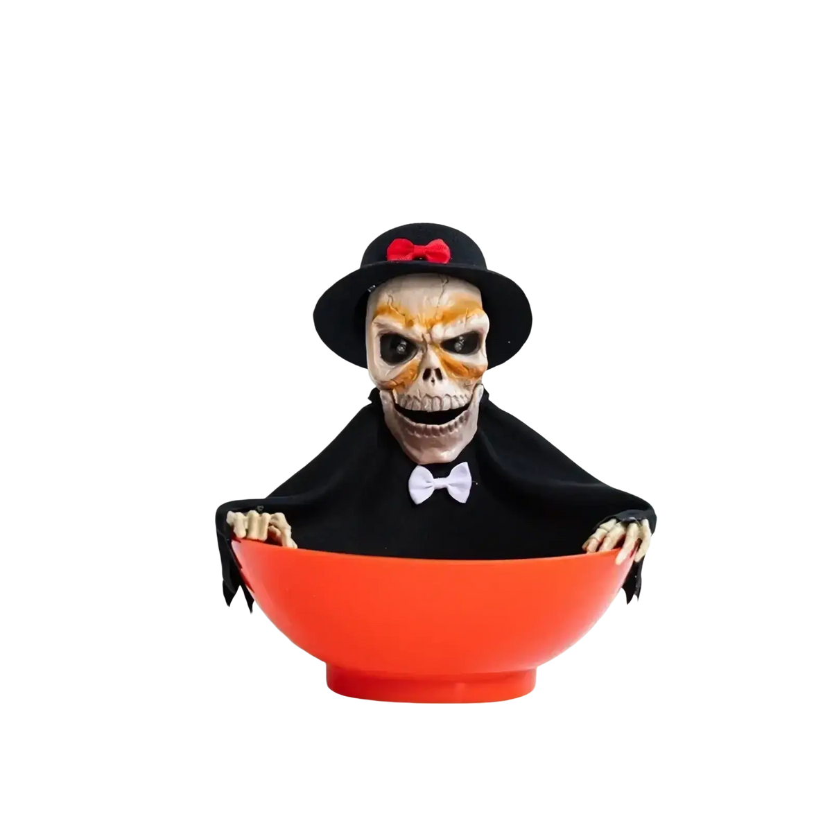 Halloween skeleton candy bowl from mainland china dressed in black tuxedo holding orange bowl for candy storage