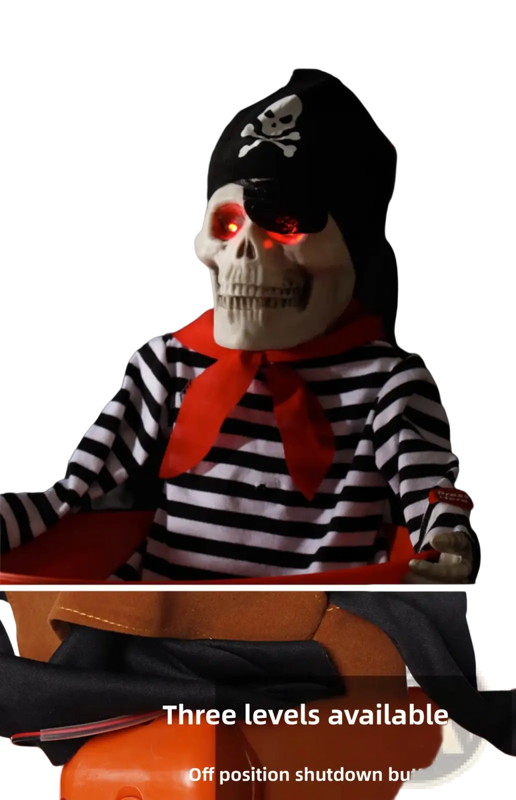 Halloween skeleton candy bowl and pirate prop decoration with glowing red eyes black hat and striped shirt