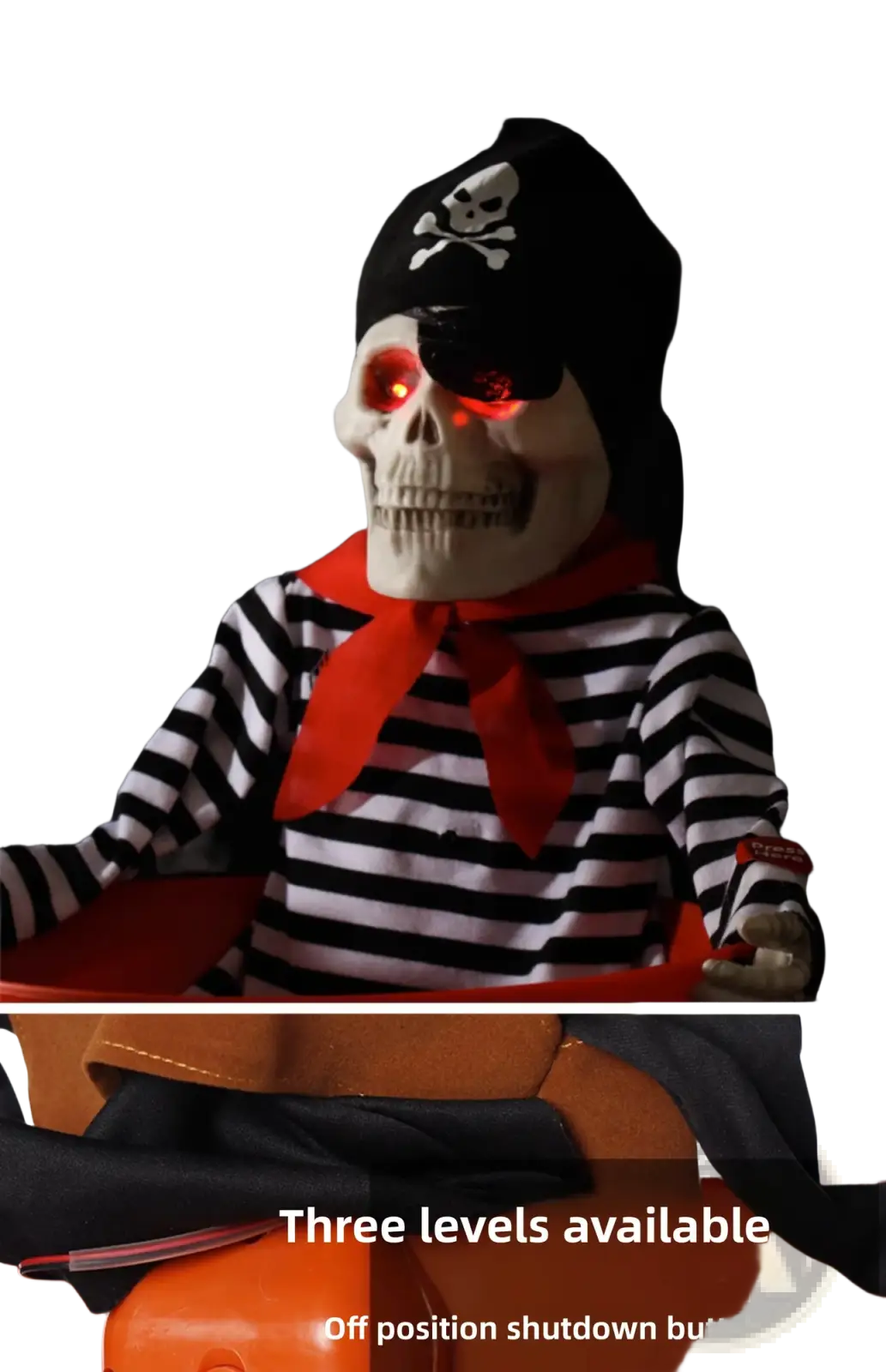 Halloween skeleton candy bowl and pirate prop decoration with glowing red eyes black hat and striped shirt
