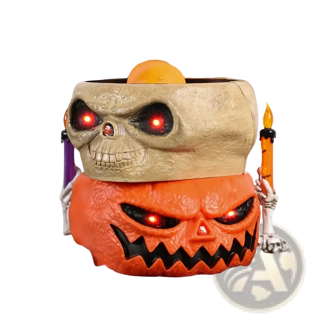 Halloween skeleton candy bowl with orange beige fruit plate, glowing red eyes, skull top, and pumpkin base pirate prop