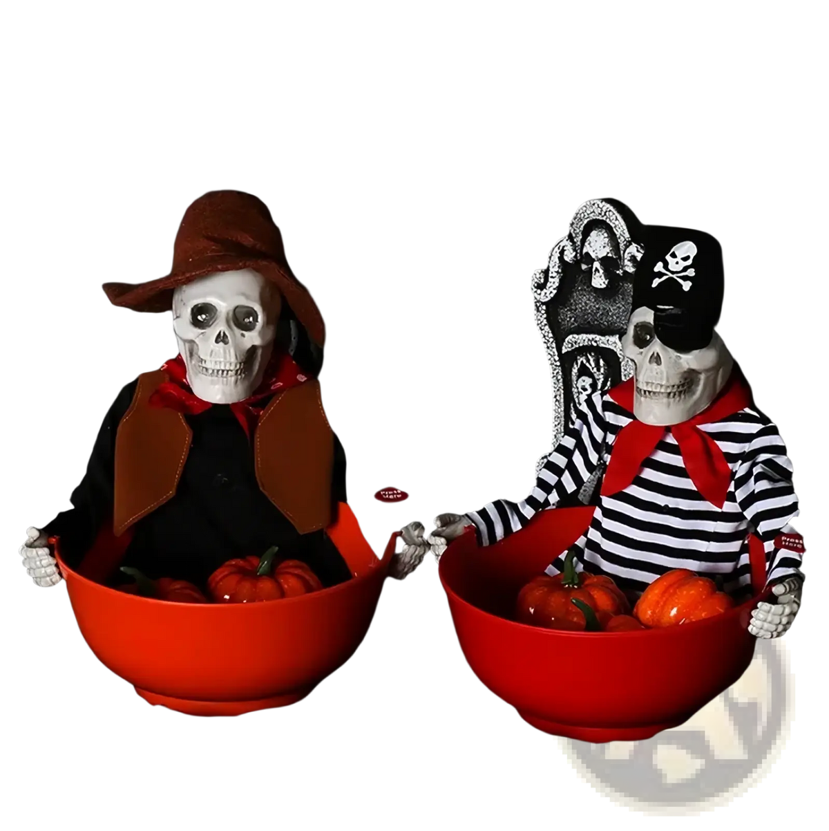 Orange plastic Halloween skeleton candy bowl with skeleton figures holding it for pirate prop decoration