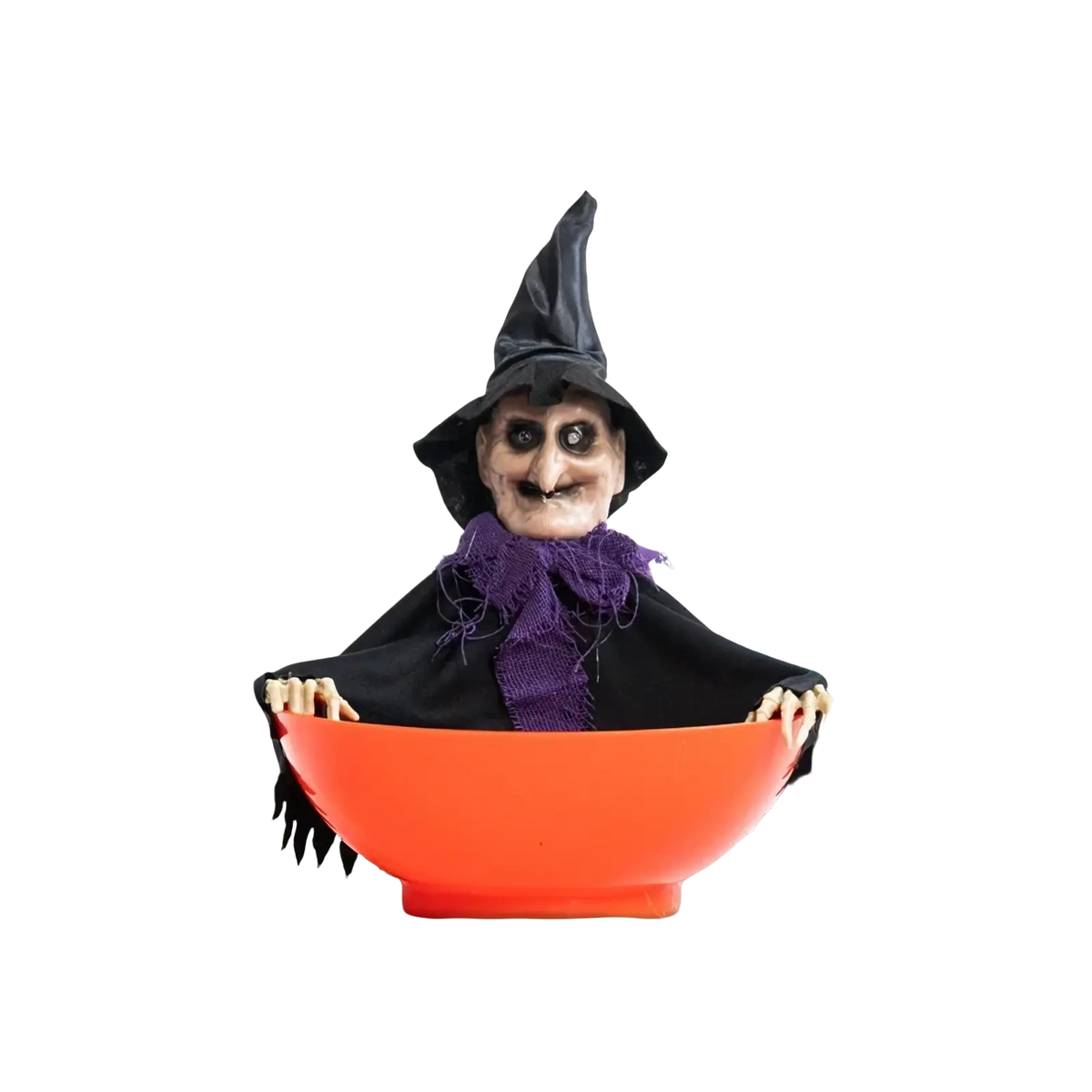 Orange plastic halloween skeleton candy bowl with black hat and purple scarf for pirate-themed decoration