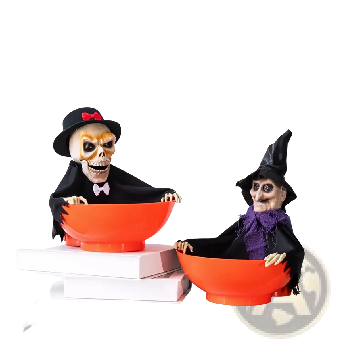 Orange plastic Halloween skeleton candy bowl filled with spooky skeleton and witch figures for pirate decoration